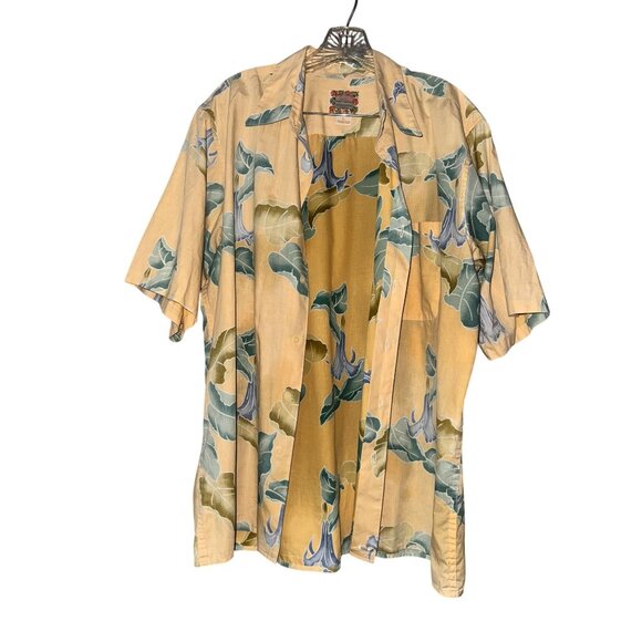 Reyn Spooner Hawaiian Shirt Large Yellow Floral 100% Cotton Short Sleeve Button- - Picture 1 of 4